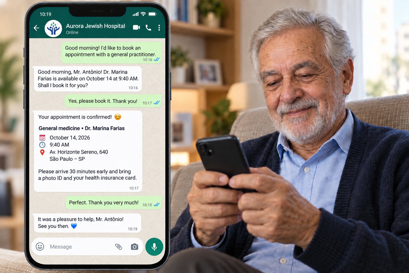 Older man sitting in an armchair at home, smiling with his phone in his hands, next to a blow-up of the conversation: he asks for a general practitioner appointment on the hospital's WhatsApp and the agent comes back with the booked slot, the address and what to bring.