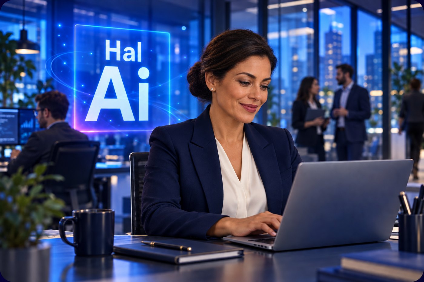 Executiva trabalhando no notebook em um escritório corporativo à noite, com a marca Hal-AI projetada em luz azul na parede ao fundo.