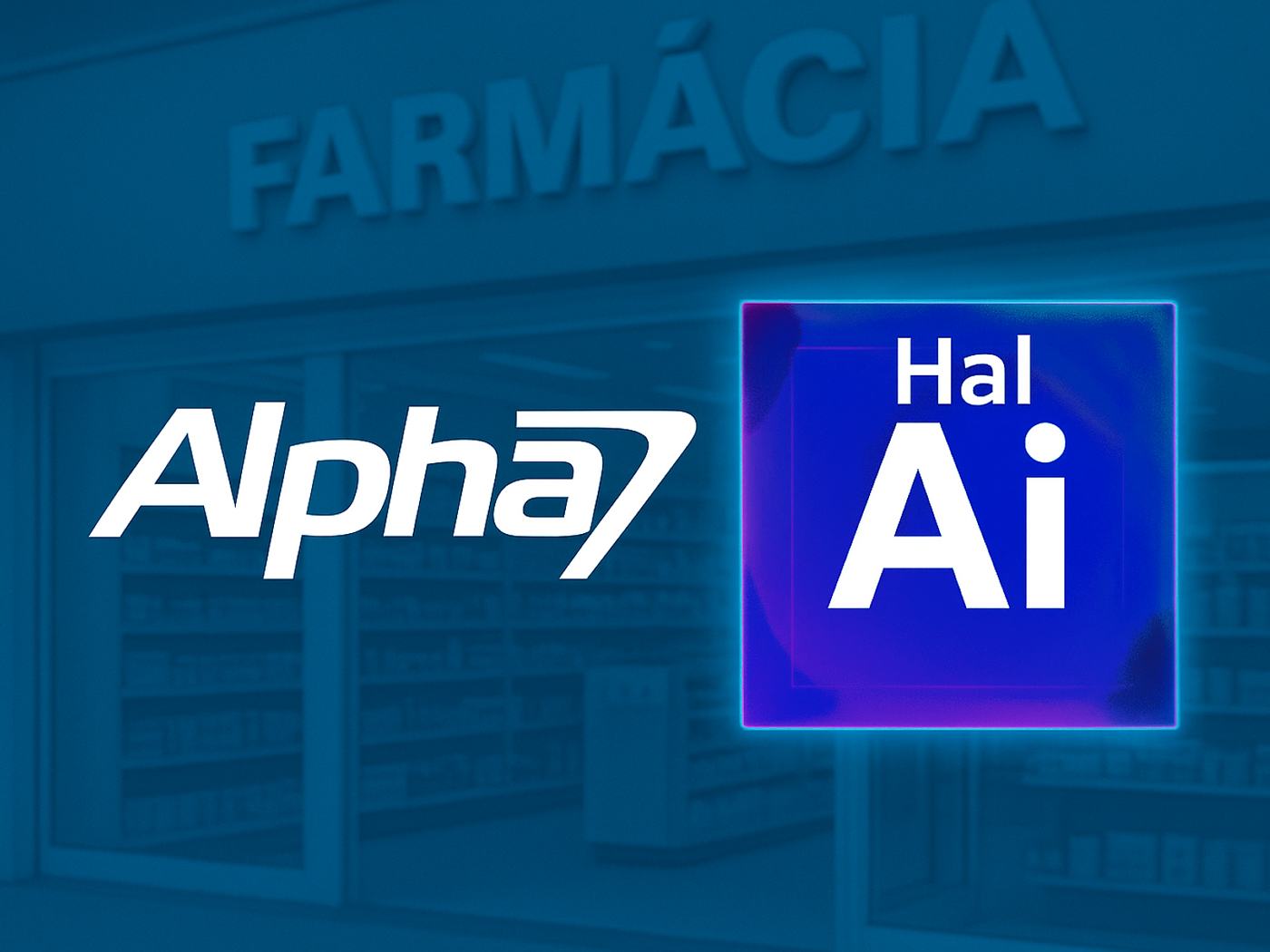 Balcão de uma farmácia com atendente e cliente ao lado de um celular exibindo a conversa automatizada do agente da Hal-AI no WhatsApp