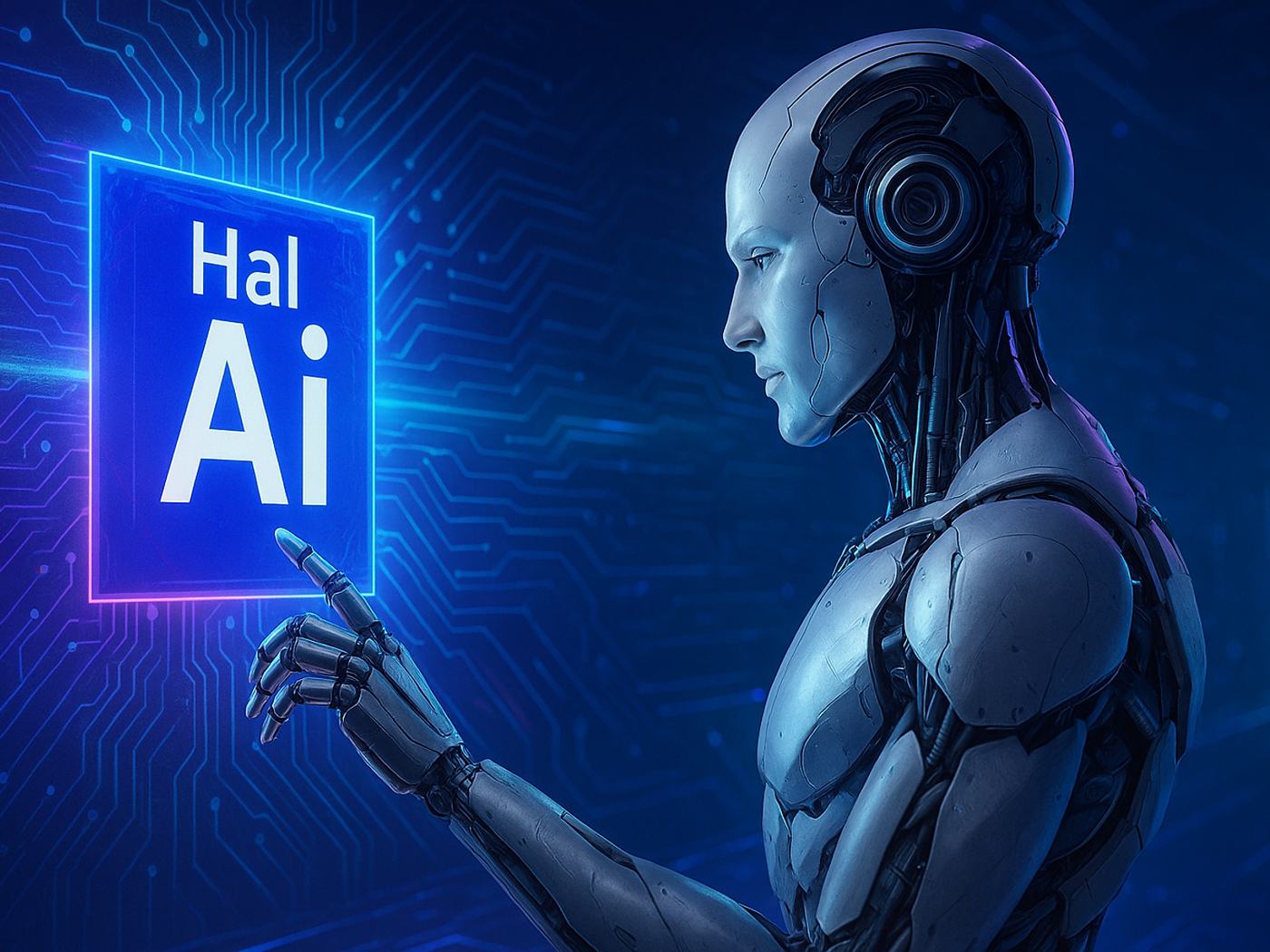 Robô humanoide de acabamento metálico tocando com o dedo um painel luminoso com a marca Hal-AI, diante de uma parede de trilhas de circuito azuis.
